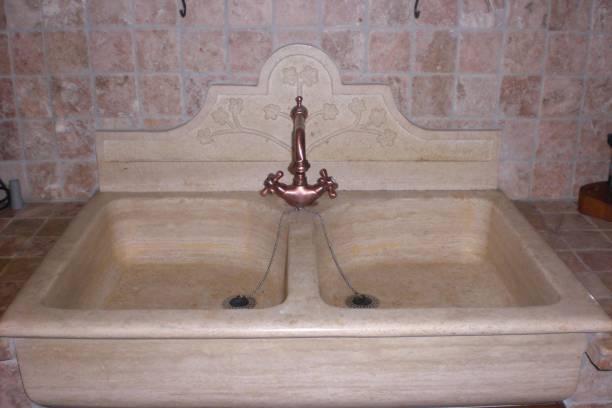 Sink double bowl with carved panel